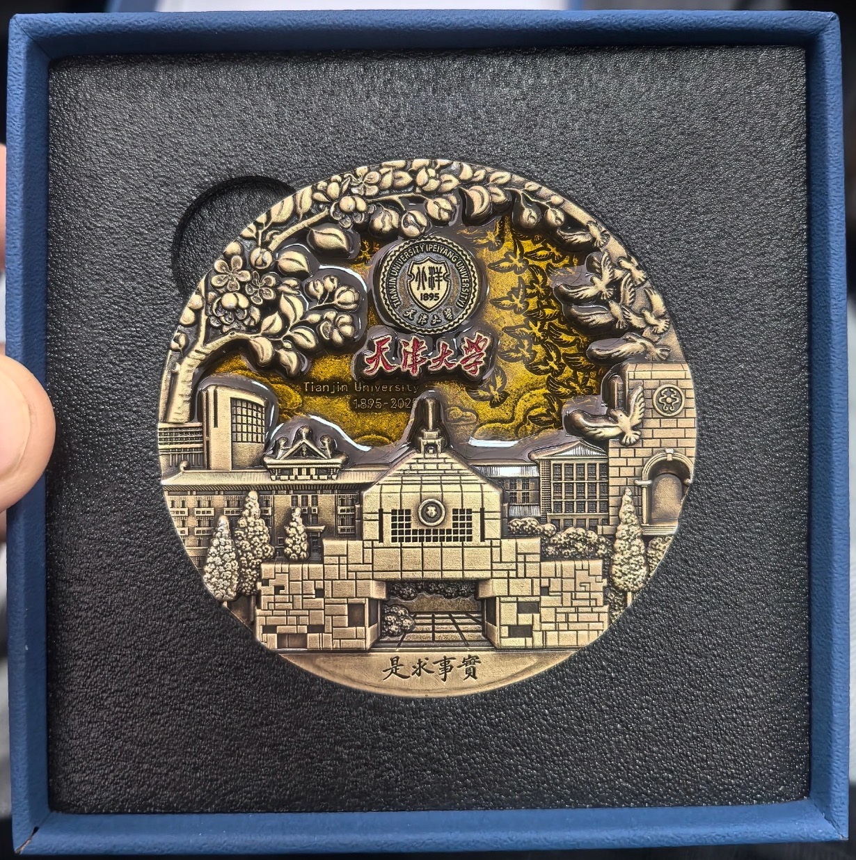 University-themed metal badge with raised architecture and presentation box