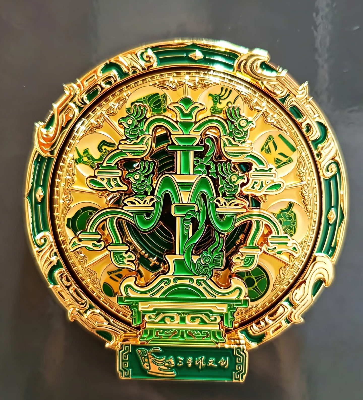 Gold and green custom metal fridge magnet with intricate raised detailing